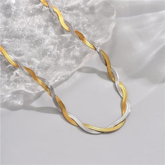 18K Gold Plated Snake Chain Herringbone Necklace Layered Double Chain Choker - Picture 6 of 7
